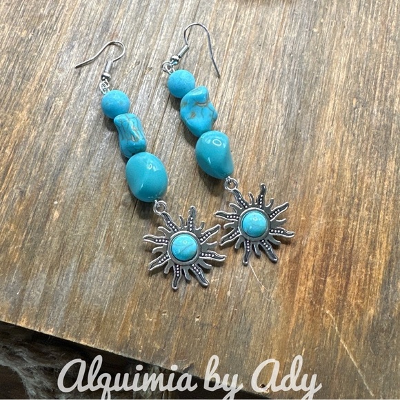 Turquoise and brass super long dangle earrings/protection and peace crystal - Picture 1 of 6